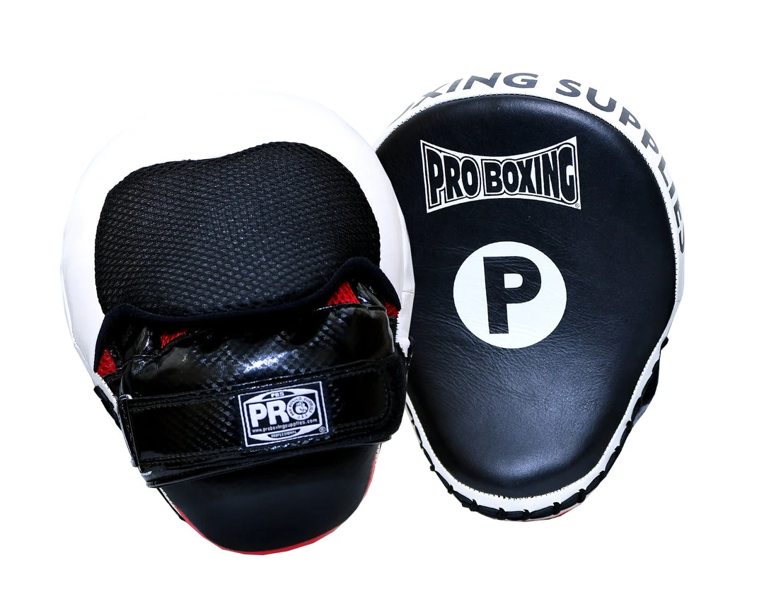 Pro Boxing Supplies Pro Boxing® Mesh Vent Professional Focus Curve Mitt - Black/White Mesh Trim Punch Mitts 1 Pro Boxing Supplies Pro Boxing® Mesh Vent Professional Focus Curve Mitt - Black/White Mesh Trim Punch Mitts