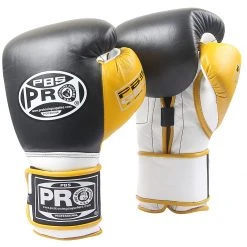 Pro Boxing Supplies Pro Boxing® Series Gel Hook And Loop Gloves - Black/White With Yellow Thumb