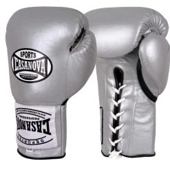 Pro Boxing Supplies Casanova Boxing® Professional Lace Up Official Fight Gloves - Silver